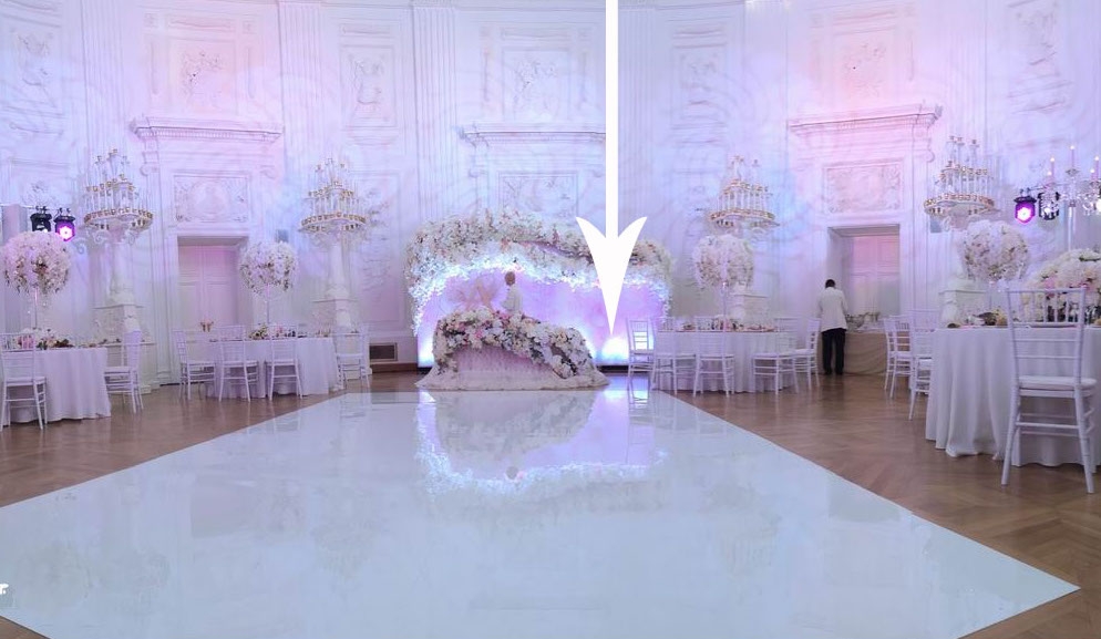Подсвеченный задник за молодыми на свадьбе в Петровском Дворце